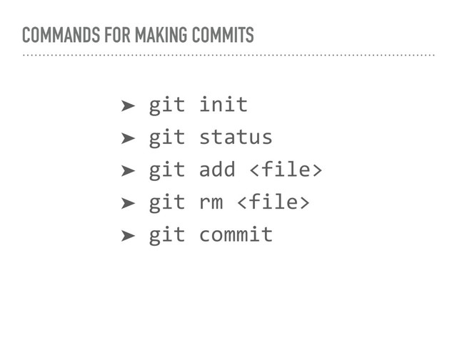 COMMANDS FOR MAKING COMMITS
➤ git init
➤ git status
➤ git add 
➤ git rm 
➤ git commit
