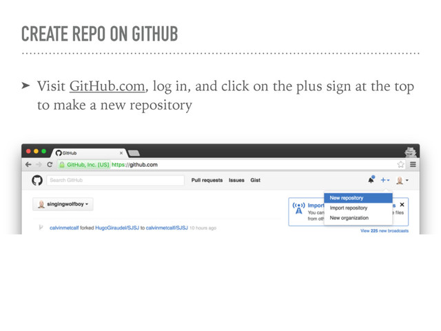 CREATE REPO ON GITHUB
➤ Visit GitHub.com, log in, and click on the plus sign at the top
to make a new repository
