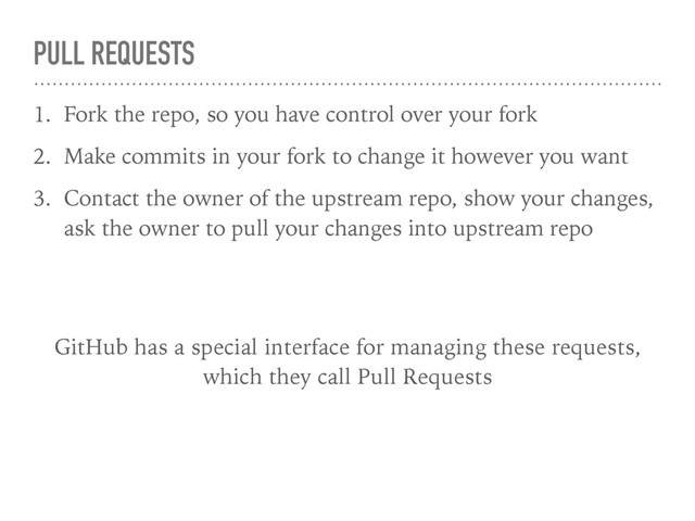 PULL REQUESTS
1. Fork the repo, so you have control over your fork
2. Make commits in your fork to change it however you want
3. Contact the owner of the upstream repo, show your changes,
ask the owner to pull your changes into upstream repo
GitHub has a special interface for managing these requests, 
which they call Pull Requests
