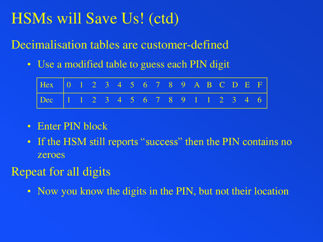HSMs will Save Us! (ctd)
Decimalisation tables are customer-defined
• Use a modified table to guess each PIN digit
• Enter PIN block
• If the HSM still reports “success” then the PIN contains no
zeroes
Repeat for all digits
• Now you know the digits in the PIN, but not their location
Hex 0 1 2 3 4 5 6 7 8 9 A B C D E F
Dec 1 1 2 3 4 5 6 7 8 9 1 1 2 3 4 6
