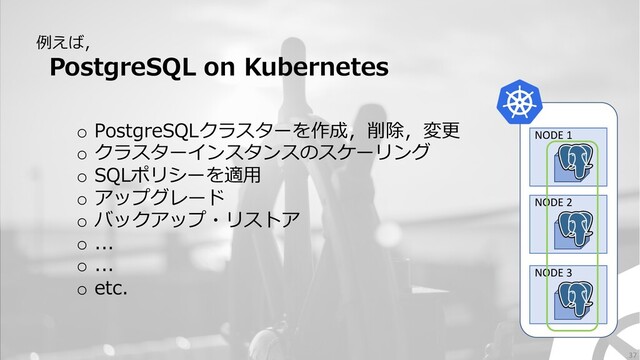 PostgreSQL on Kubernetes
o PostgreSQLクラスターを作成，削除，変更
o クラスターインスタンスのスケーリング
o SQLポリシーを適⽤
o アップグレード
o バックアップ・リストア
o ...
o ...
o etc.
NODE 1
NODE 2
NODE 3
例えば，
37
