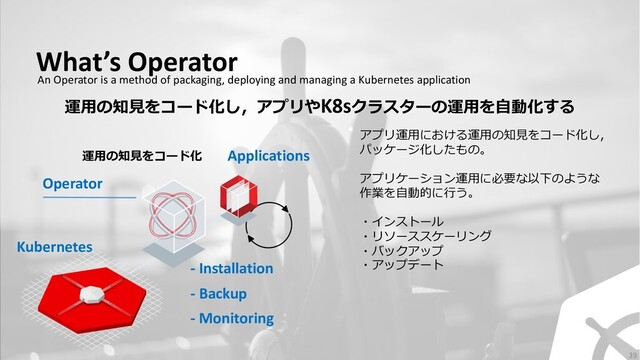 What’s Operator
An Operator is a method of packaging, deploying and managing a Kubernetes application
Kubernetes
Applications
運⽤の知⾒をコード化し，アプリやK8sクラスターの運⽤を⾃動化する
アプリ運⽤における運⽤の知⾒をコード化し，
パッケージ化したもの。
アプリケーション運⽤に必要な以下のような
作業を⾃動的に⾏う。
・インストール
・リソーススケーリング
・バックアップ
・アップデート
運⽤の知⾒をコード化
Operator
- Installation
- Backup
- Monitoring
39
