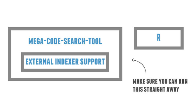 R
make sure you can run
this straight away
external indexer support
mega-code-search-tool
