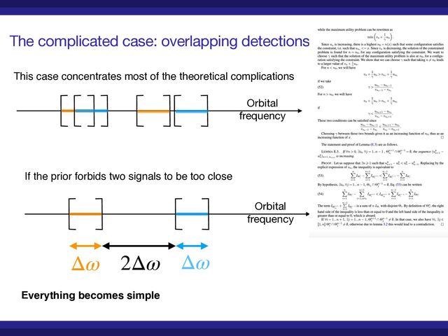 Orbital 

frequency
The complicated case: overlapping detections
This case concentrates most of the theoretical complications
Orbital 

frequency
Everything becomes simple
Δω
Δω 2Δω
If the prior forbids two signals to be too close
