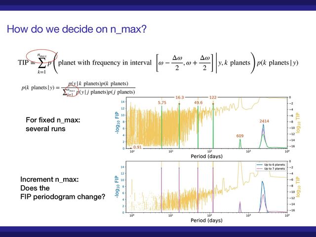 How do we decide on n_max?
TIP =
nmax
∑
k=1
p
(
planet with frequency in interval [ω −
Δω
2
, ω +
Δω
2 ] y, k planets
)
p(k planets|y)
For
fi
xed n_max:
 
several runs
Increment n_max:
 
Does the


FIP periodogram change?
p(k planets|y) =
p(y|k planets)p(k planets)
∑nmax
j=1
p(y| j planets)p( j planets)
