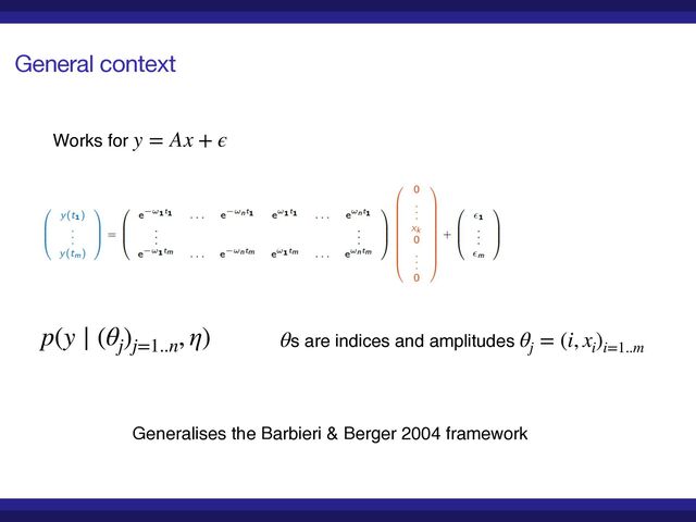 General context
Works for y = Ax + ϵ
p(y ∣ (θj
)j=1..n
, η) s are indices and amplitudes
θ θj
= (i, xi
)i=1..m
Generalises the Barbieri & Berger 2004 framework
