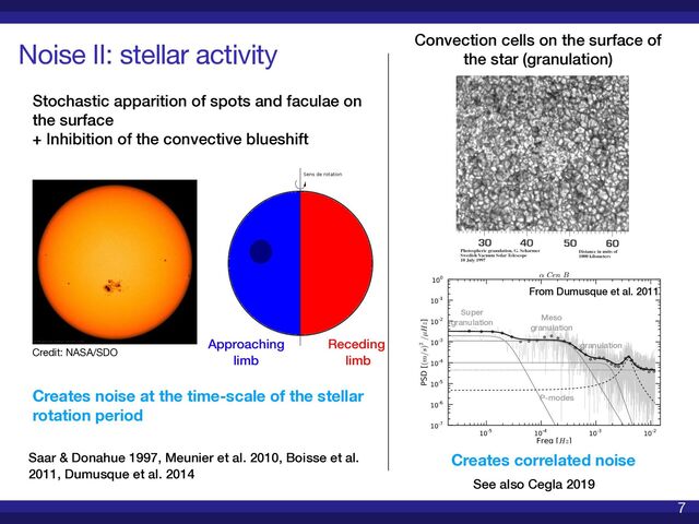 Detecting exoplanets in RV data SCMA VII
Credit: NASA/SDO
Convection cells on the surface of
the star (granulation)
Creates noise at the time-scale of the stellar
rotation period
Creates correlated noise
Noise II: stellar activity
7
Saar & Donahue 1997, Meunier et al. 2010, Boisse et al.
2011, Dumusque et al. 2014
See also Cegla 2019
From Dumusque et al. 2011
Stochastic apparition of spots and faculae on
the surface


+ Inhibition of the convective blueshift
Approaching
limb
Receding


limb
Super


granulation
Meso


granulation
granulation
P-modes
