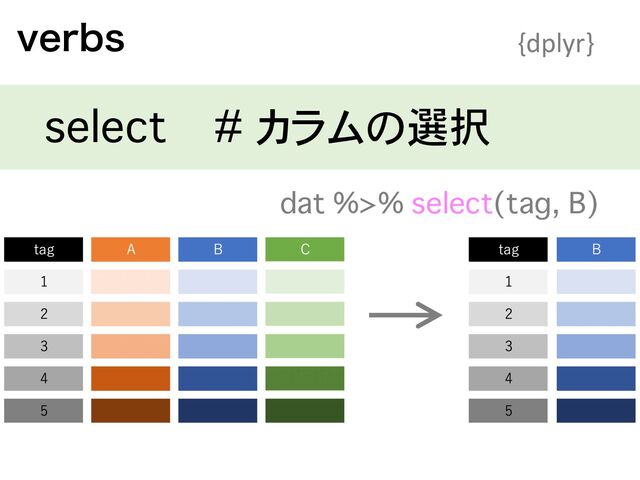 WFSCT {dplyr}
select # カラムの選択
dat %>% select(tag, B)
