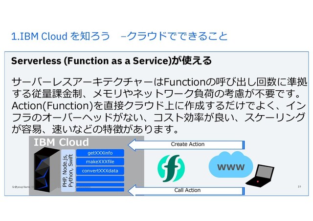 1.IBM Cloud を知ろう –クラウドでできること
Serverless (Function as a Service)が使える
Grさpoup Name / DOC ID / Month XX, 2018 / © 2018 IBM Corporation 19
サーバーレスアーキテクチャーはFunctionの呼び出し回数に準拠
する従量課⾦制、メモリやネットワーク負荷の考慮が不要です。
Action(Function)を直接クラウド上に作成するだけでよく、イン
フラのオーバーヘッドがない、コスト効率が良い、スケーリング
が容易、速いなどの特徴があります。
IBM Cloud
getXXXinfo
makeXXXfile
convertXXXdata
PHP, Node.js,
Python, Swift
Create Action
www
Call Action
