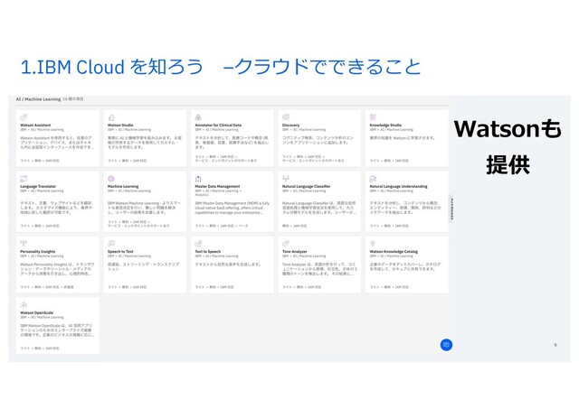 1.IBM Cloud を知ろう –クラウドでできること
9
Watsonも
提供
