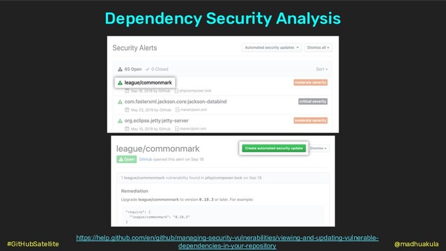 Dependency Security Analysis
https://help.github.com/en/github/managing-security-vulnerabilities/viewing-and-updating-vulnerable-
dependencies-in-your-repository @madhuakula
#GitHubSatellite
