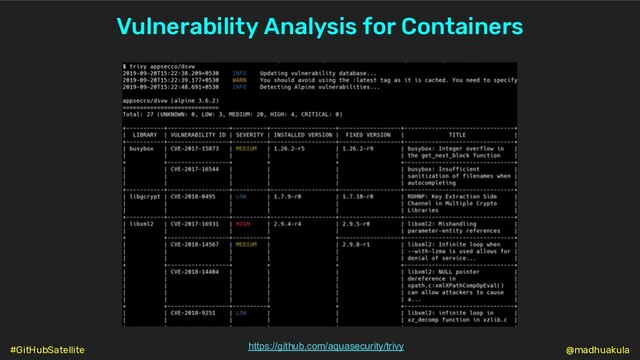 Vulnerability Analysis for Containers
https://github.com/aquasecurity/trivy @madhuakula
#GitHubSatellite
