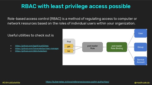 RBAC with least privilege access possible
https://kubernetes.io/docs/reference/access-authn-authz/rbac/
Role-based access control (RBAC) is a method of regulating access to computer or
network resources based on the roles of individual users within your organization.
Useful utilities to check out is
● https://github.com/liggitt/audit2rbac
● https://github.com/FairwindsOps/rbac-manager
● https://github.com/jtblin/kube2iam
@madhuakula
#GitHubSatellite
