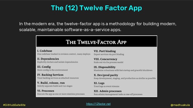 The (12) Twelve Factor App
In the modern era, the twelve-factor app is a methodology for building modern,
scalable, maintainable software-as-a-service apps.
@madhuakula
https://12factor.net
#GitHubSatellite
