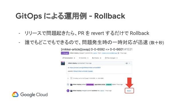 GitOps による運用例 - Rollback
- リリースで問題起きたら、PR を revert するだけで Rollback
- 誰でもどこでもできるので、問題発生時の一時対応が迅速 (数十秒)
