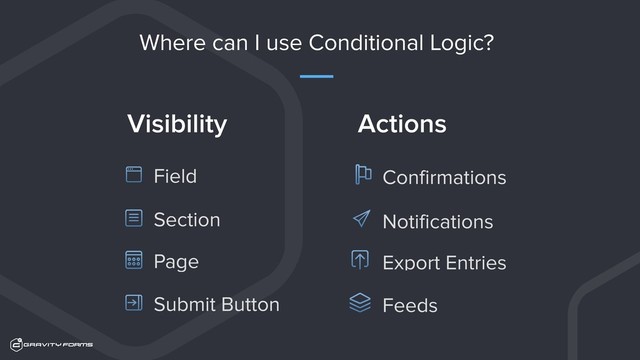 Where can I use Conditional Logic?
Visibility Actions
Confirmations
Field
Section
Page
Submit Button
Notifications
Export Entries
Feeds
