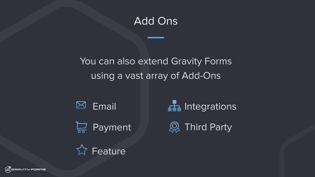 Add Ons
You can also extend Gravity Forms
using a vast array of Add-Ons
Email Integrations
Payment Third Party
Feature
