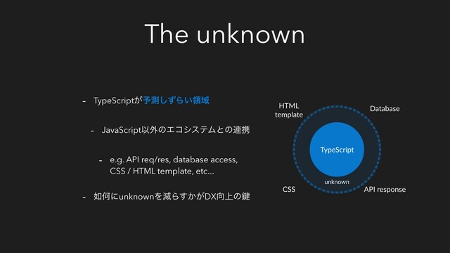 The unknown
- TypeScript͕༧ଌͣ͠Β͍ྖҬ
- JavaScriptҎ֎ͷΤίγεςϜͱͷ࿈ܞ
- e.g. API req/res, database access,
CSS / HTML template, etc...
- ೗ԿʹunknownΛݮΒ͔͕͢DX޲্ͷ伴
