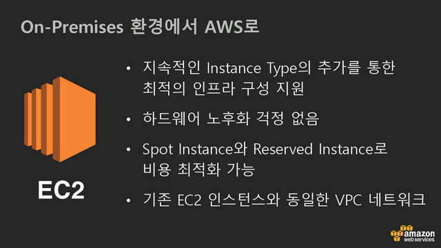 On-Premises 환경에서 AWS로
EC2
• 지속적인 Instance Type의 추가를 통한
최적의 인프라 구성 지원
• 하드웨어 노후화 걱정 없음
• Spot Instance와 Reserved Instance로
비용 최적화 가능
• 기존 EC2 인스턴스와 동일한 VPC 네트워크
