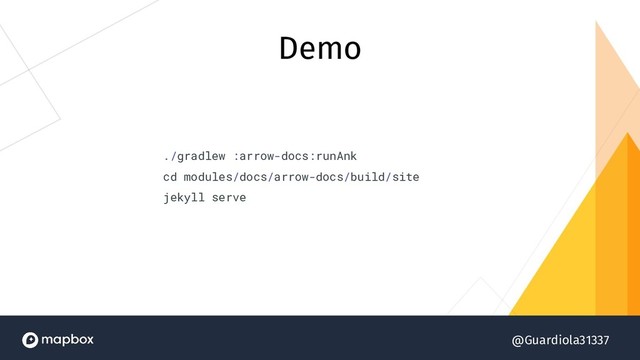 @Guardiola31337
./gradlew :arrow-docs:runAnk
cd modules/docs/arrow-docs/build/site
jekyll serve
Demo
