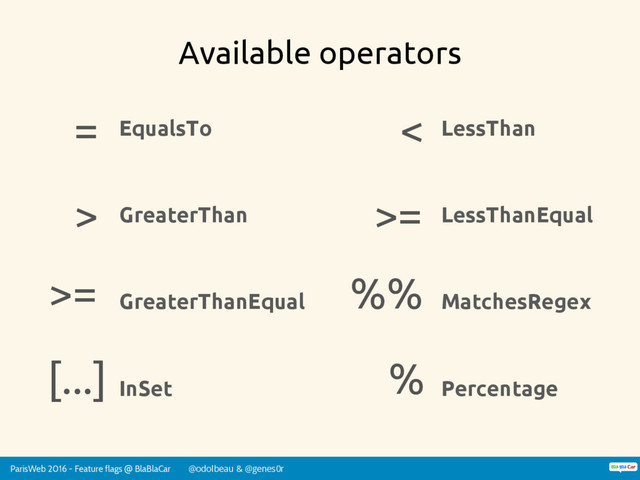 ParisWeb 2016 - Feature flags @ BlaBlaCar @odolbeau & @genes0r
>=
>=
LessThan
LessThanEqual
MatchesRegex
Percentage
Available operators
EqualsTo
GreaterThan
GreaterThanEqual
InSet
=
[...]
<
%%
%
>
