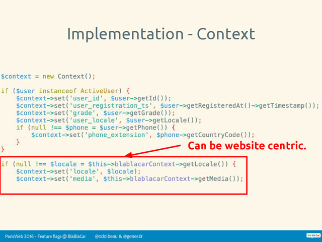 ParisWeb 2016 - Feature flags @ BlaBlaCar @odolbeau & @genes0r
Implementation - Context
Can be website centric.
