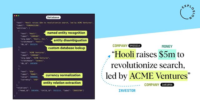 COMPANY
COMPANY
MONEY
INVESTOR
5923214
1681056
“Hooli raises $5m to
revolutionize search,
led by ACME Ventures”
Database
named entity recognition
entity disambiguation
custom database lookup
currency normalization
entity relation extraction
