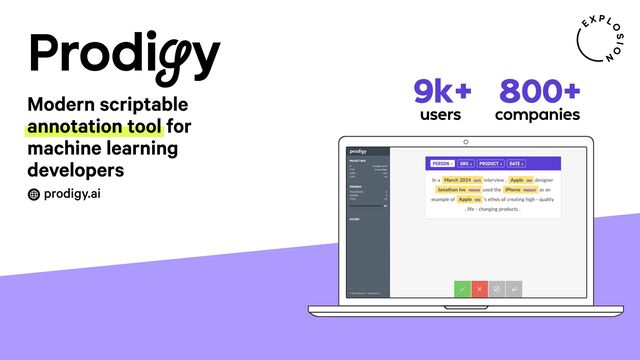 Modern scriptable
annotation tool for
machine learning
developers
800+
companies
Prodigy
prodigy.ai
9k+
users
