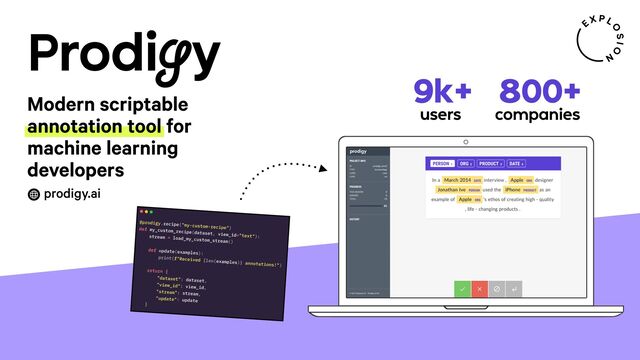 Modern scriptable
annotation tool for
machine learning
developers
800+
companies
Prodigy
prodigy.ai
9k+
users
