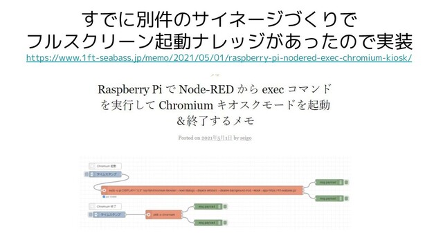 すでに別件のサイネージづくりで
フルスクリーン起動ナレッジがあったので実装
https://www.1ft-seabass.jp/memo/2021/05/01/raspberry-pi-nodered-exec-chromium-kiosk/
