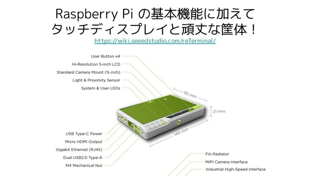 Raspberry Pi の基本機能に加えて
タッチディスプレイと頑丈な筐体！
https://wiki.seeedstudio.com/reTerminal/
