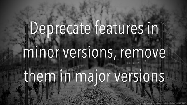 Deprecate features in
minor versions, remove
them in major versions
https://www.ﬂickr.com/photos/jimﬁscher/8384524415
