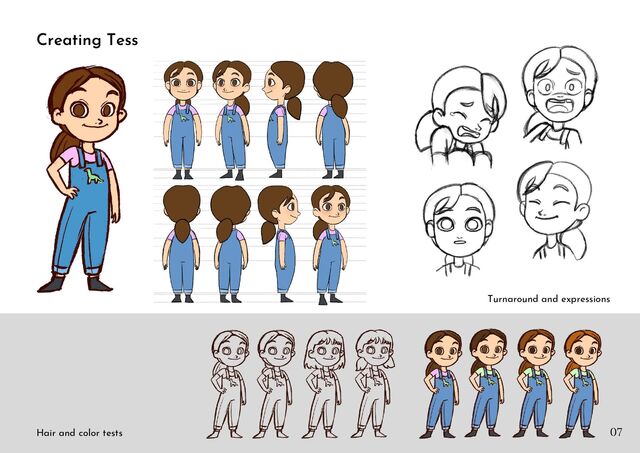 Creating Tess
Turnaround and expressions
Hair and color tests 07
