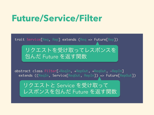 Future/Service/Filter
trait Service[Req, Rep] extends (Req => Future[Rep])
!
!
!
!
!
!
abstract class Filter[-ReqIn, +RepOut, +ReqOut, -RepIn]
extends ((ReqIn, Service[ReqOut, RepIn]) => Future[RepOut])
ϦΫΤετΛड͚औͬͯϨεϙϯεΛ
แΜͩ Future Λฦؔ͢਺
ϦΫΤετͱ Service Λड͚औͬͯ 
ϨεϙϯεΛแΜͩ Future Λฦؔ͢਺
