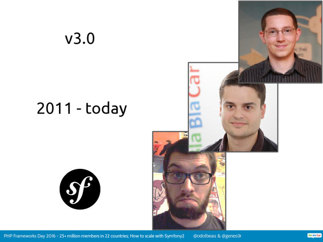PHP Frameworks Day 2016 - 25+ million members in 22 countries; How to scale with Symfony2 @odolbeau & @genes0r
v3.0
2011 - today
