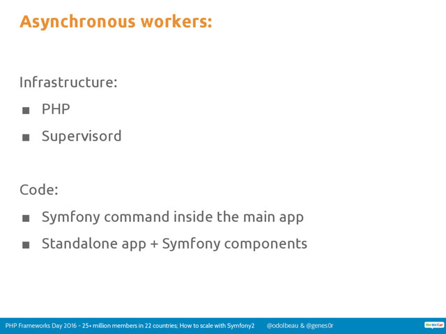 PHP Frameworks Day 2016 - 25+ million members in 22 countries; How to scale with Symfony2 @odolbeau & @genes0r
Asynchronous workers:
Infrastructure:
■ PHP
■ Supervisord
Code:
■ Symfony command inside the main app
■ Standalone app + Symfony components
