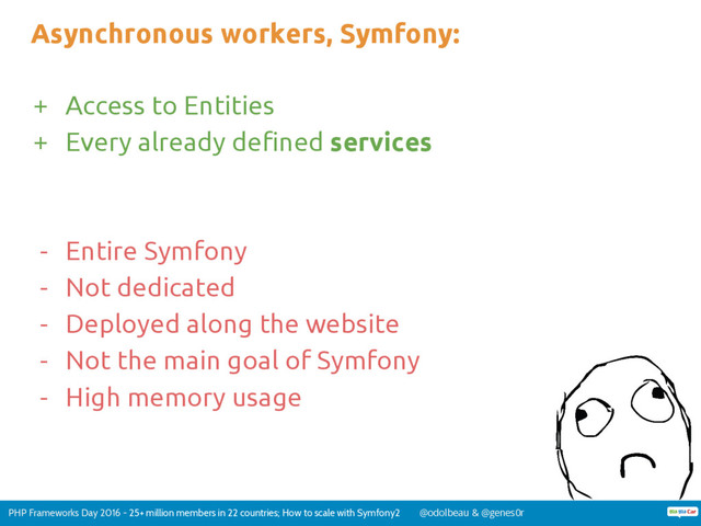 PHP Frameworks Day 2016 - 25+ million members in 22 countries; How to scale with Symfony2 @odolbeau & @genes0r
Asynchronous workers, Symfony:
+ Access to Entities
+ Every already defined services
- Entire Symfony
- Not dedicated
- Deployed along the website
- Not the main goal of Symfony
- High memory usage
