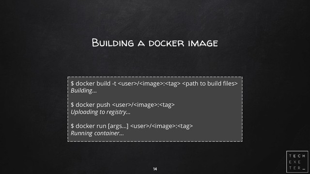 Building a docker image
14
$ docker build -t /: 
Building…
$ docker push /:
Uploading to registry…
$ docker run [args…] /:
Running container...
