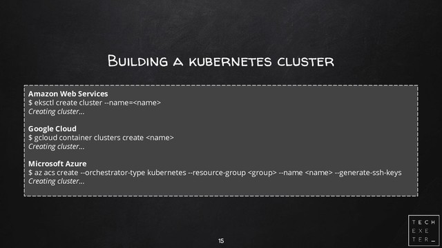 Building a kubernetes cluster
15
Amazon Web Services
$ eksctl create cluster --name=
Creating cluster...
Google Cloud
$ gcloud container clusters create 
Creating cluster...
Microsoft Azure
$ az acs create --orchestrator-type kubernetes --resource-group  --name  --generate-ssh-keys
Creating cluster...
