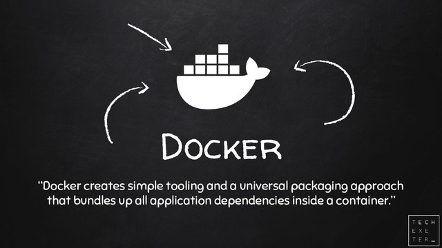 Docker
“Docker creates simple tooling and a universal packaging approach
that bundles up all application dependencies inside a container.”
