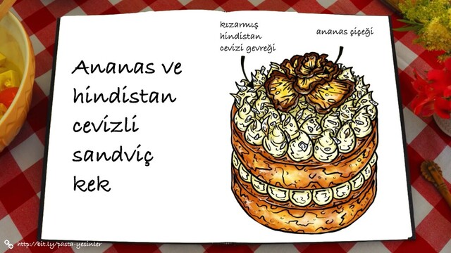 Ananas ve
hindistan
cevizli
sandviç
kek
http://bit.ly/pasta-yesinler
kızarmış
hindistan
cevizi gevreği
ananas çiçeği
