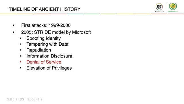 TIMELINE OF ANCIENT HISTORY
• First attacks: 1999-2000
• 2005: STRIDE model by Microsoft
• Spoofing Identity
• Tampering with Data
• Repudiation
• Information Disclosure
• Denial of Service
• Elevation of Privileges
