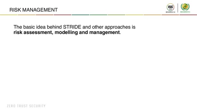 RISK MANAGEMENT
The basic idea behind STRIDE and other approaches is
risk assessment, modelling and management.
