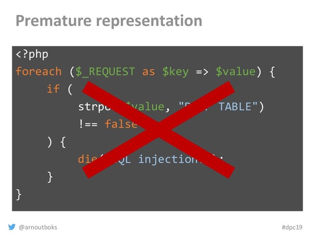 @arnoutboks #dpc19
Premature representation
 $value) {
if (
strpos($value, "DROP TABLE")
!== false
) {
die("SQL injection!");
}
}
