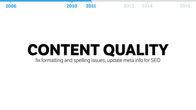 CONTENT QUALITY
fix formatting and spelling issues, update meta info for SEO
2006 2010 2011 2013 2014 2016
2006 2010 2011 2013 2014 2016
