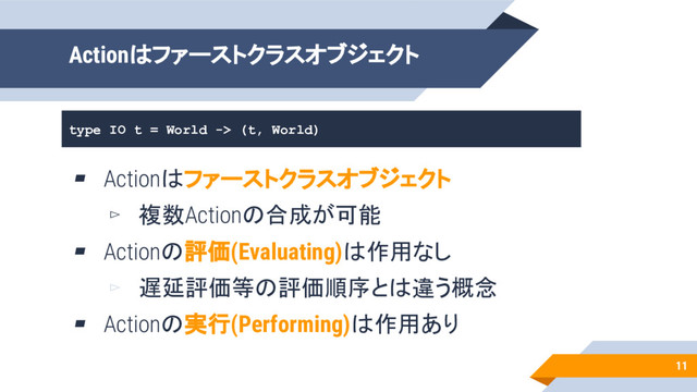 11
Actionはファーストクラスオブジェクト
type IO t = World -> (t, World)
▰ Actionはファーストクラスオブジェクト
▻ 複数Actionの合成が可能
▰ Actionの評価(Evaluating)は作用なし
▻ 遅延評価等の評価順序とは違う概念
▰ Actionの実行(Performing)は作用あり
