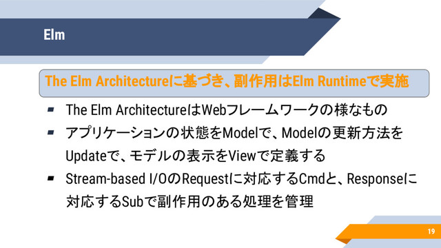 19
Elm
The Elm Architectureに基づき、副作用はElm Runtimeで実施
▰ The Elm ArchitectureはWebフレームワークの様なもの
▰ アプリケーションの状態をModelで、Modelの更新方法を
Updateで、モデルの表示をViewで定義する
▰ Stream-based I/OのRequestに対応するCmdと、Responseに
対応するSubで副作用のある処理を管理
