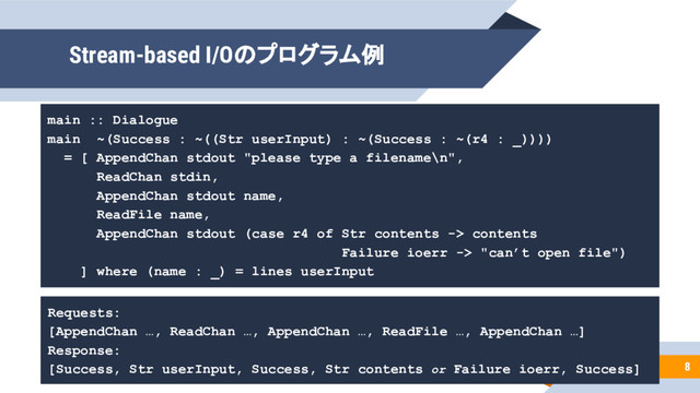 main :: Dialogue
main ~(Success : ~((Str userInput) : ~(Success : ~(r4 : _))))
= [ AppendChan stdout "please type a filename\n",
ReadChan stdin,
AppendChan stdout name,
ReadFile name,
AppendChan stdout (case r4 of Str contents -> contents
Failure ioerr -> "can’t open file")
] where (name : _) = lines userInput
Stream-based I/Oのプログラム例
8
Requests:
[AppendChan …, ReadChan …, AppendChan …, ReadFile …, AppendChan …]
Response:
[Success, Str userInput, Success, Str contents or Failure ioerr, Success]
