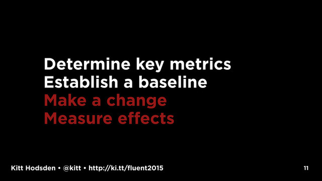 Kitt Hodsden • @kitt • http://ki.tt/fluent2015 11
Determine key metrics
Establish a baseline
Make a change
Measure effects
