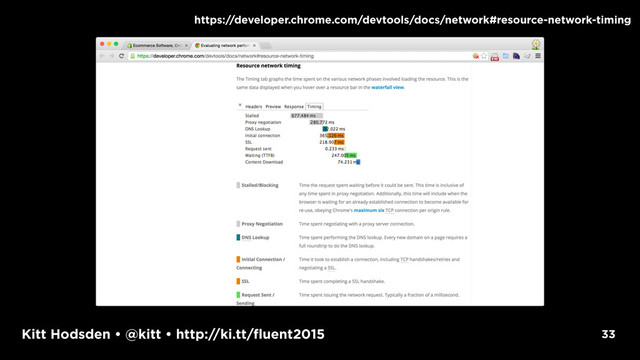 Kitt Hodsden • @kitt • http://ki.tt/fluent2015 33
https://developer.chrome.com/devtools/docs/network#resource-network-timing
